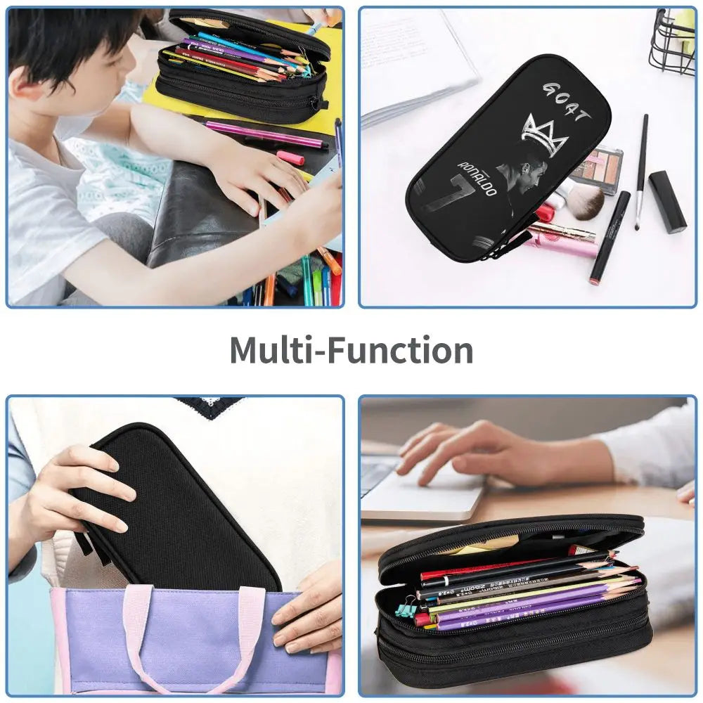 A multi-function leather pencil case shown in various colors and usage contexts for school and office supplies.