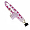 Pink lanyard with heart pattern and a detachable leather wallet for hands-free phone use