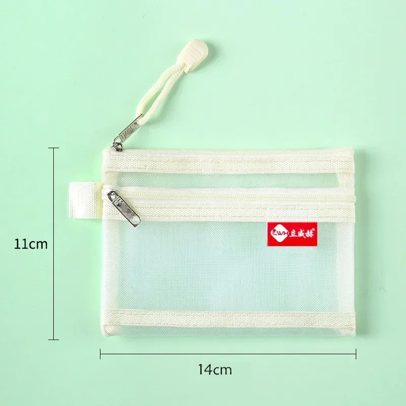 A transparent, double-layered pouch with a white strap and zipper, used for storing coins and cards.