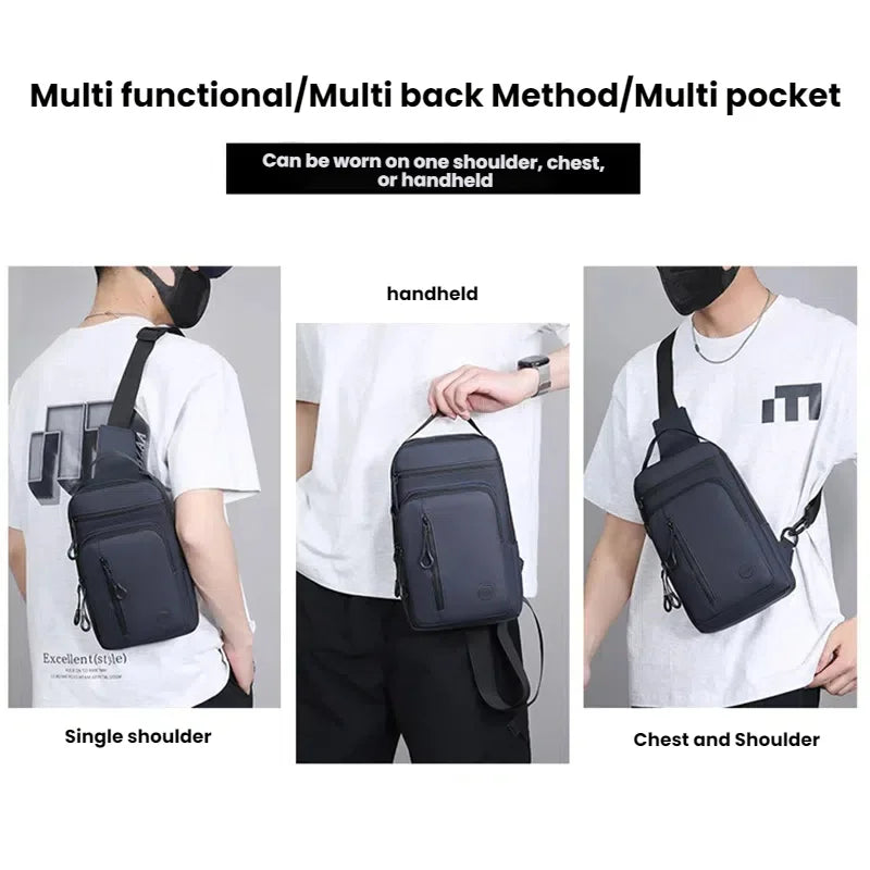 Black multi functional bag shown in single shoulder, chest, and handheld configurations.