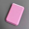 A pink leather wallet case with rounded corners shown against a gray background.