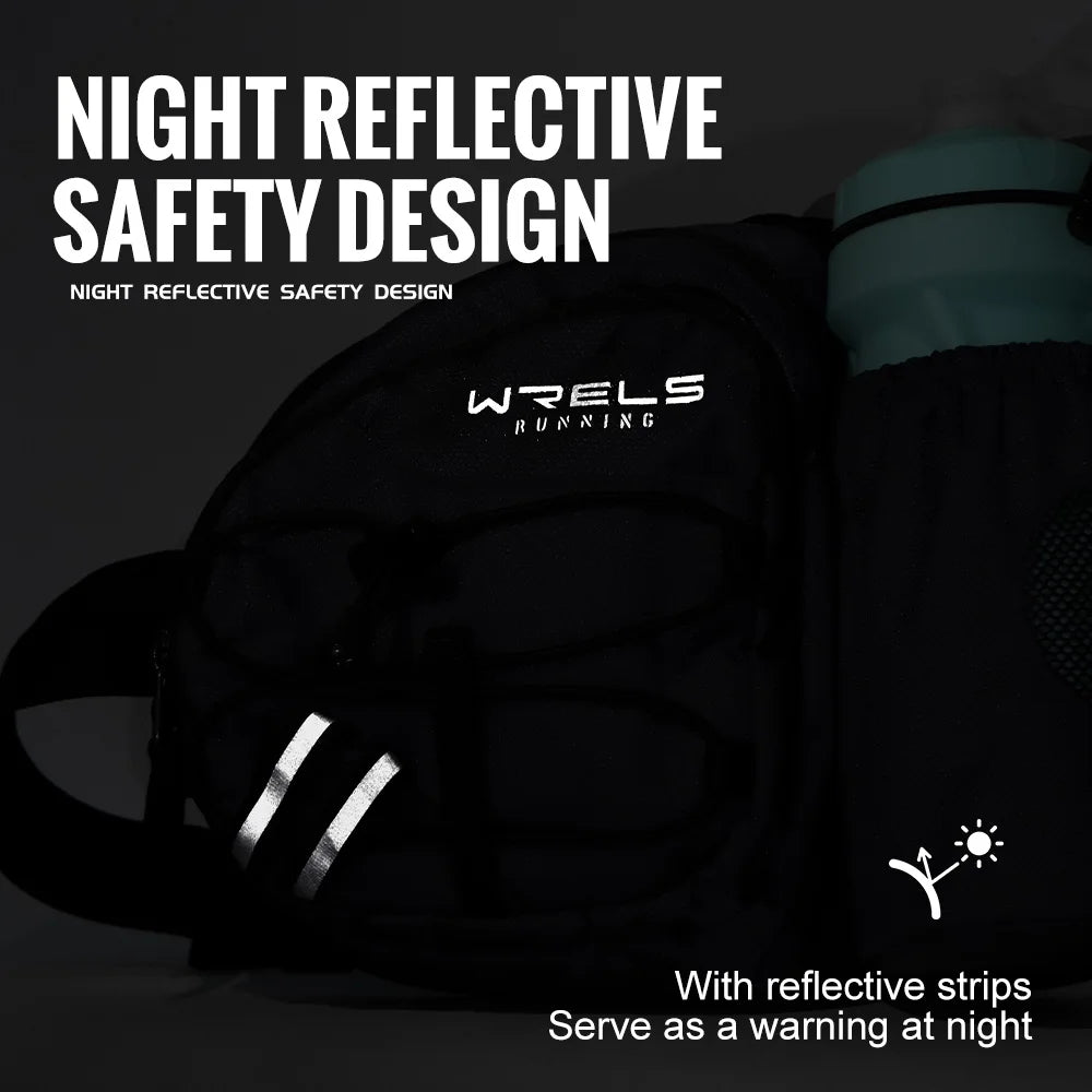 A black sports fanny pack with reflective strips is shown against a dark background.
