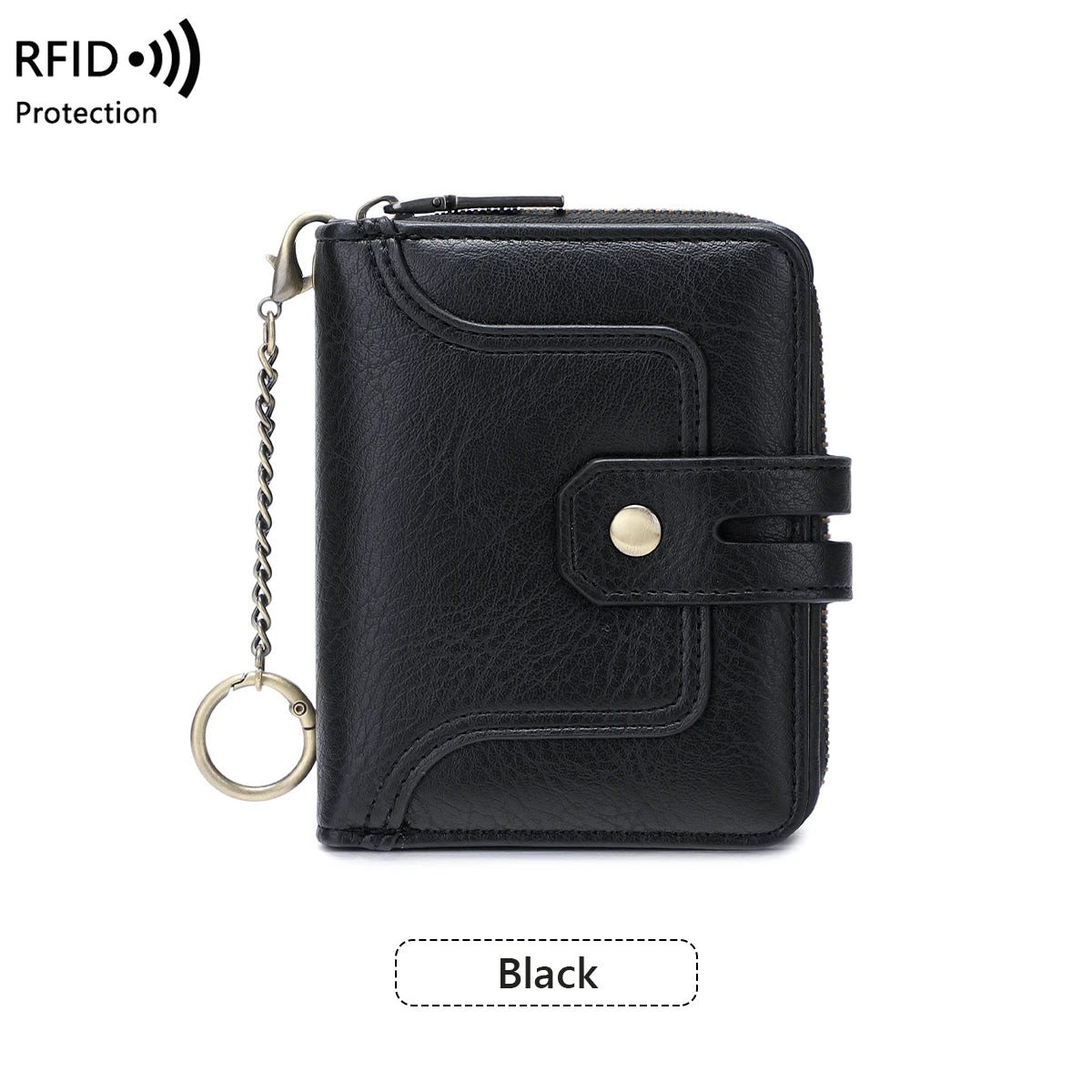 Black RFID shielded bi-fold wallet with a leather strap and chain for protection