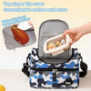 A blue and white patterned insulated double-layer lunch bag with a clear storage compartment is shown next to a stain-resista