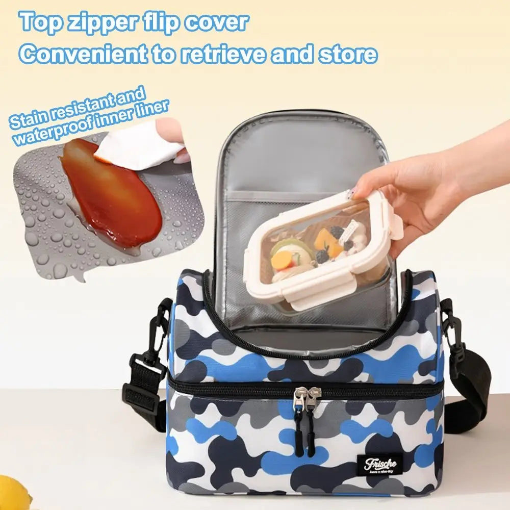 A blue and white patterned insulated double-layer lunch bag with a clear storage compartment is shown next to a stain-resista