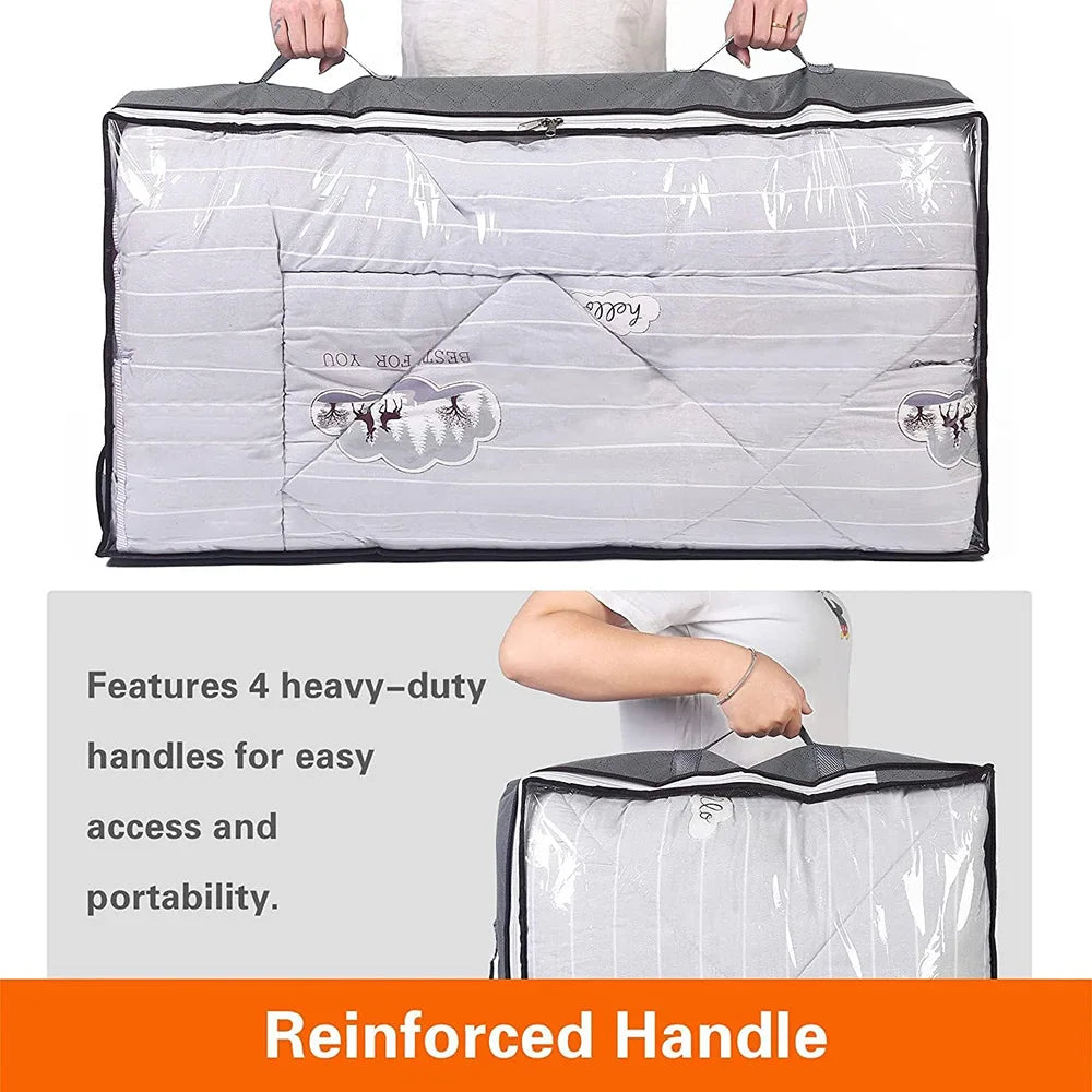 A clear storage bag with a reinforced handle is shown, demonstrating easy access and portability.