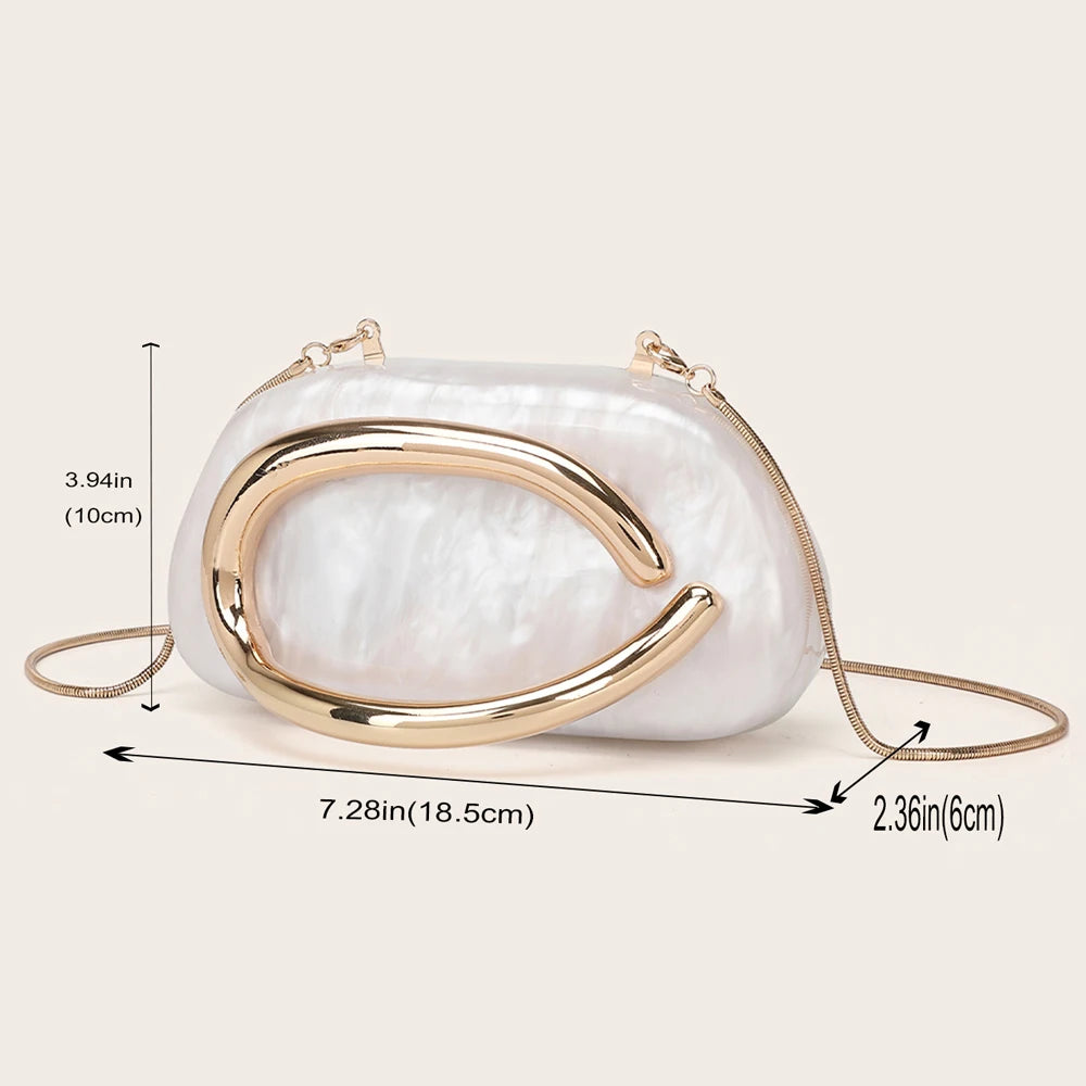 Elegant gold-tone evening clutch bag with a translucent white marble finish and gold hardware