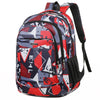 A versatile unisex backpack with a geometric pattern featuring red, white, and dark blue colors.
