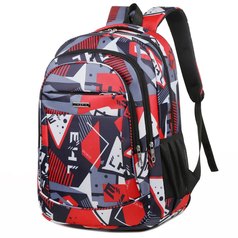 A versatile unisex backpack with a geometric pattern featuring red, white, and dark blue colors.