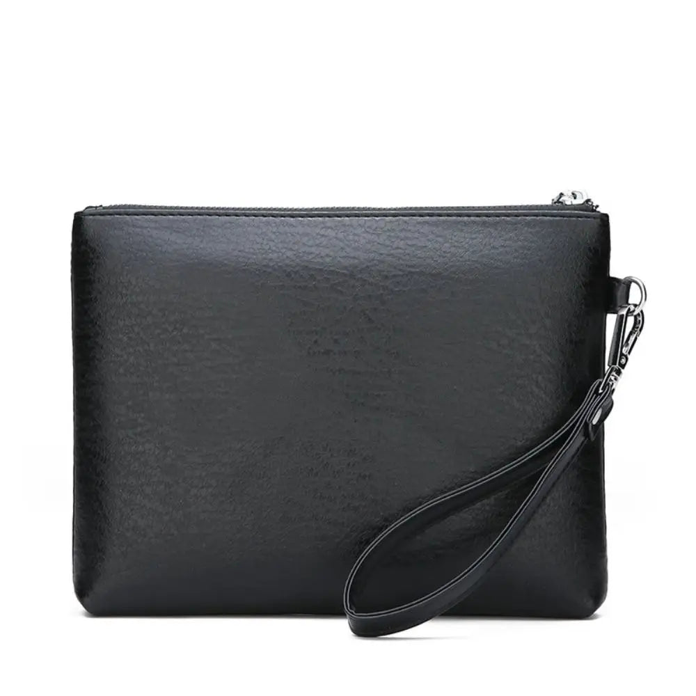 Black women's PU leather clutch bag with a silver chain strap