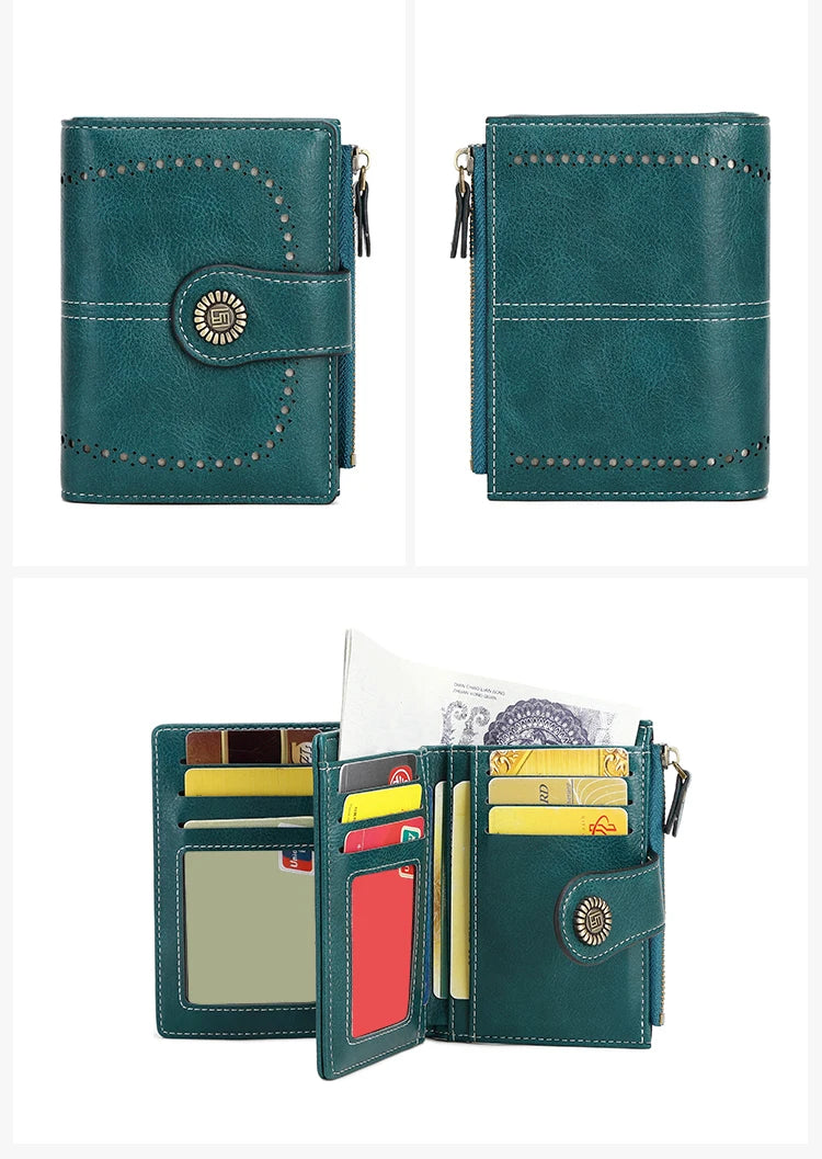 A teal leather multi-card wallet with stitching and a decorative emblem, shown in two views and open displaying various cards