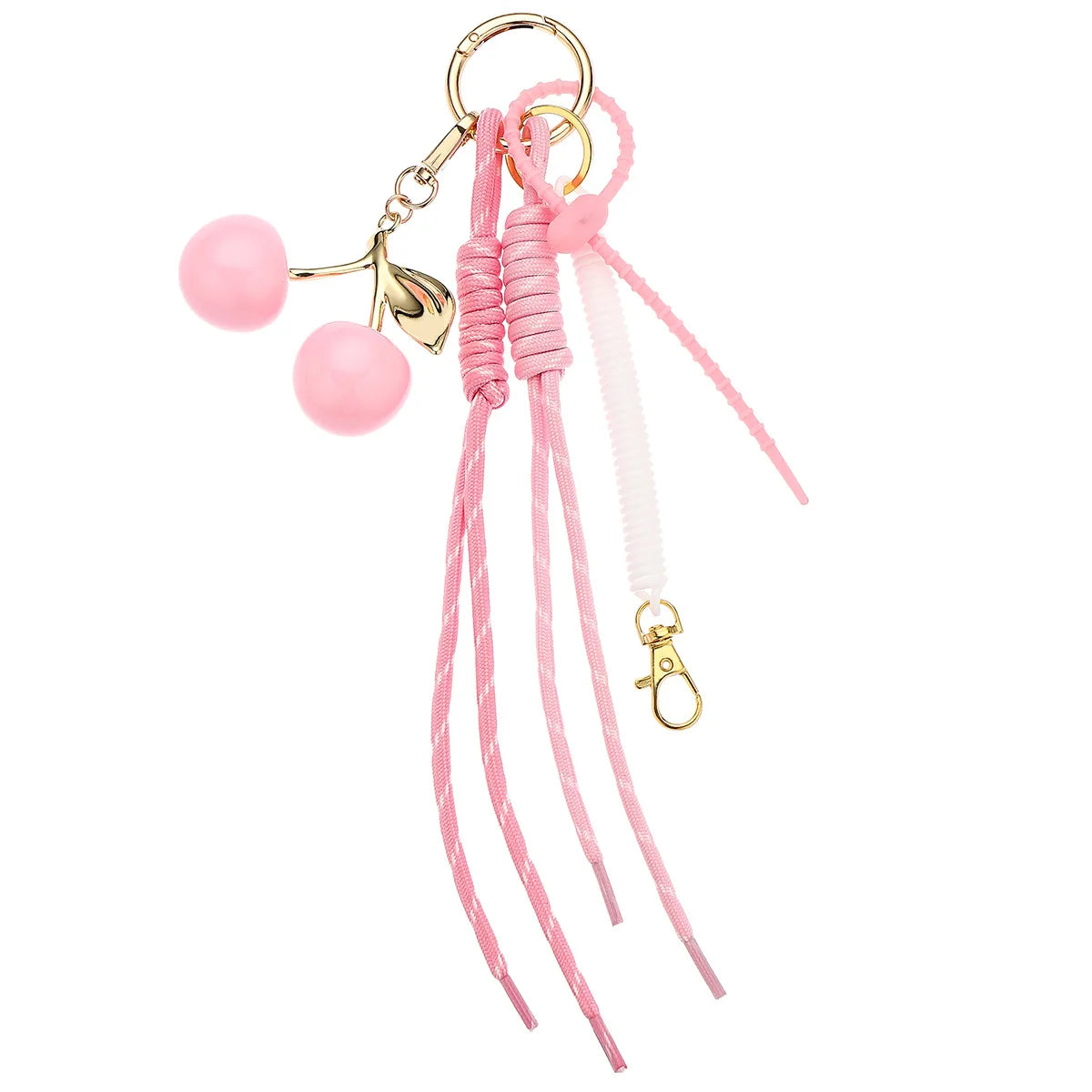 Pink cherry charm bag keychain featuring a gold-colored loop and braided pink rope strands