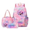 A pink multi-compartment backpack set featuring a vibrant floral pattern and purple accents.
