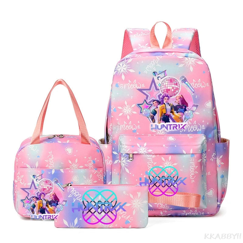A pink multi-compartment backpack set featuring a vibrant floral pattern and purple accents.
