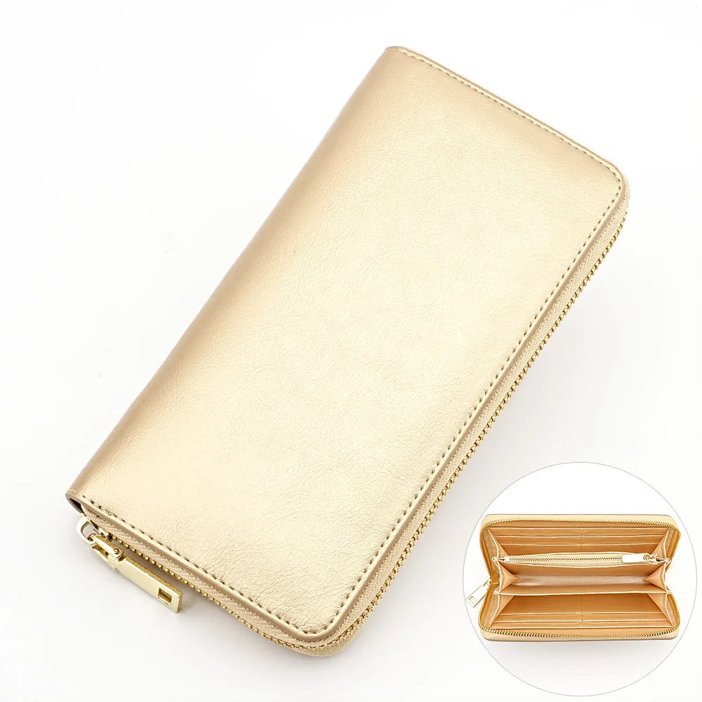 A light beige genuine leather zipper wallet shown in a diagonal angle.