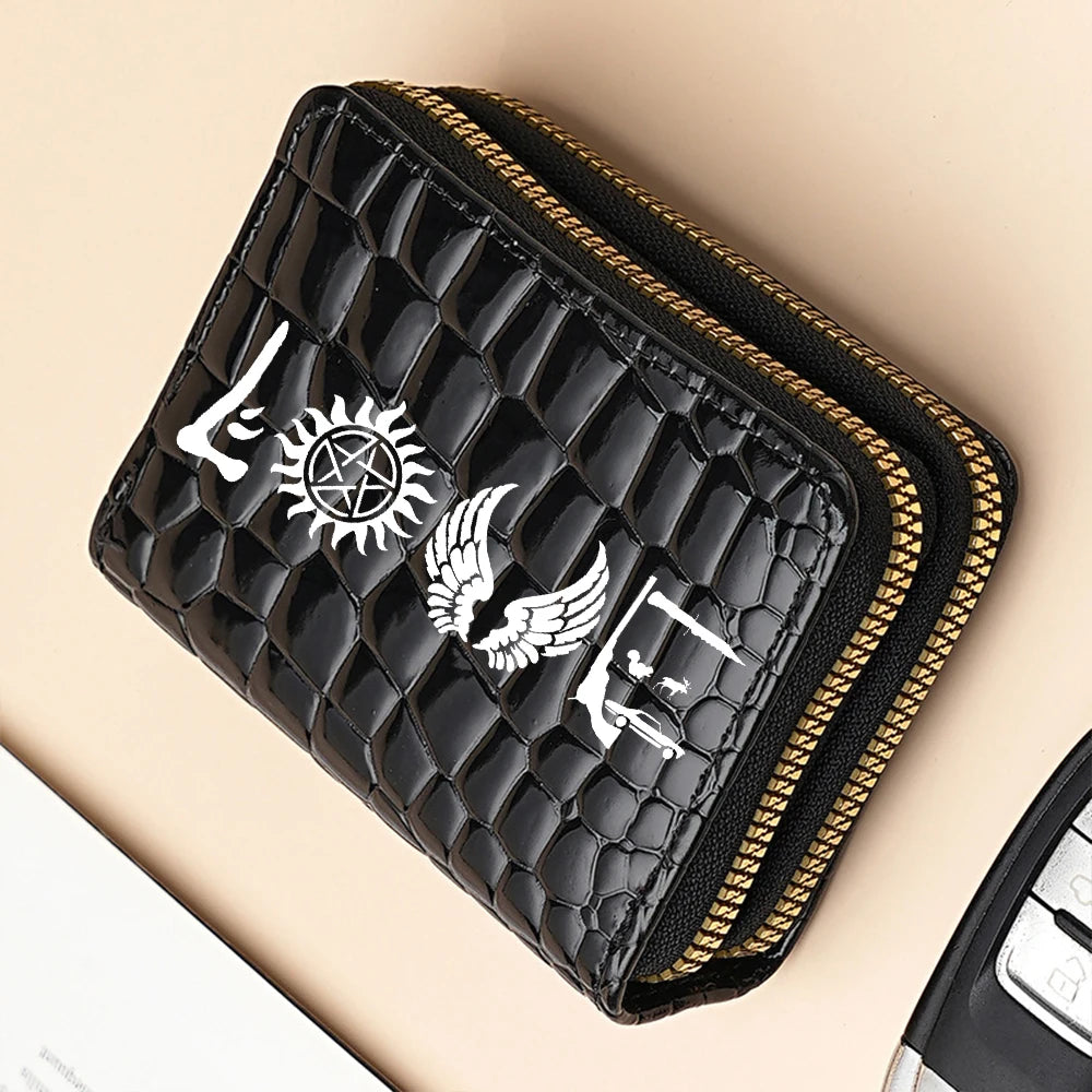 Black fashion PU leather double zipper wallet with gold stitching shown diagonally on a light background