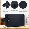 Sac organisateur de toilette noir avec poignée latérale et zip SBS lisse, montré à côté des détails du tissu.