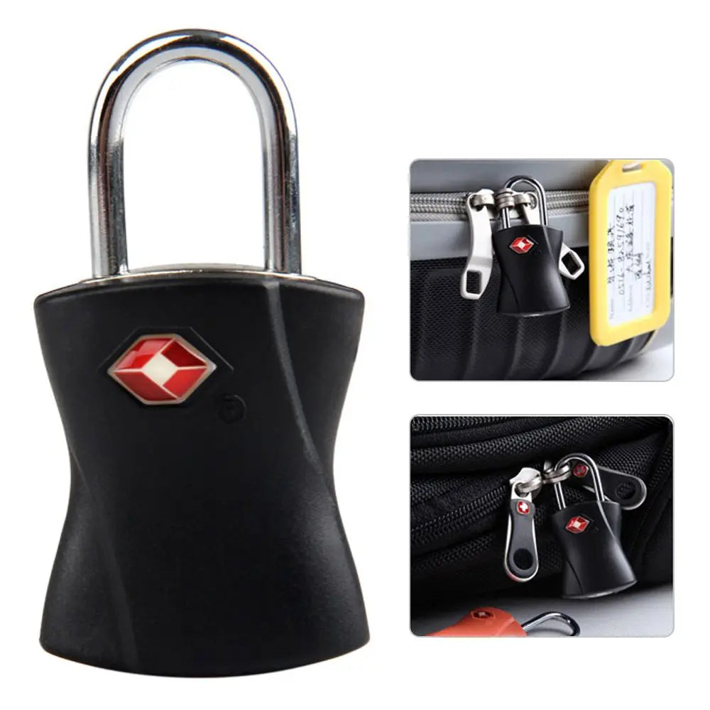 A black keyed luggage lock with a silver shackle and a yellow tag, shown next to a black fabric pouch.
