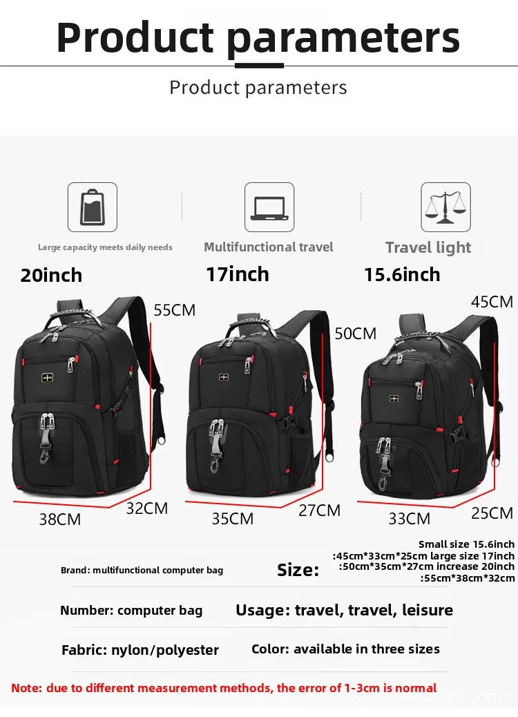 Black multifunctional travel backpack with various size options and features.