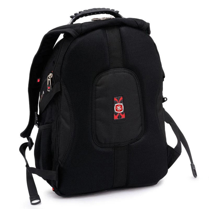 Mochila de viaje grande para hombres suiza negra con correas acolchadas en la parte superior y lateral