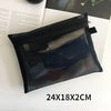 Black portable mesh cosmetic storage pouch with a clear window shown on a white background.