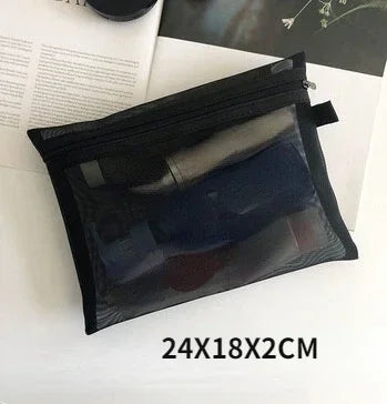 Black portable mesh cosmetic storage pouch with a clear window shown on a white background.