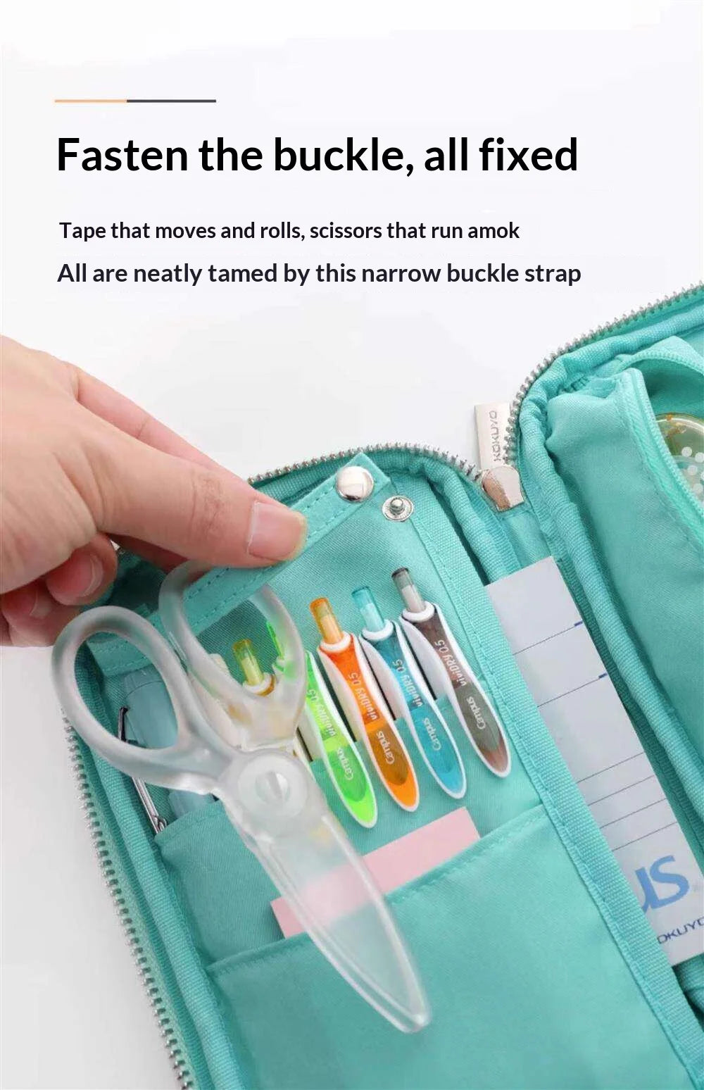 A hand is shown fastening a narrow buckle strap on a teal pencil case, securing various tools inside.