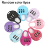 Eight random color compact 3-digit combination travel locks displayed in a circle.