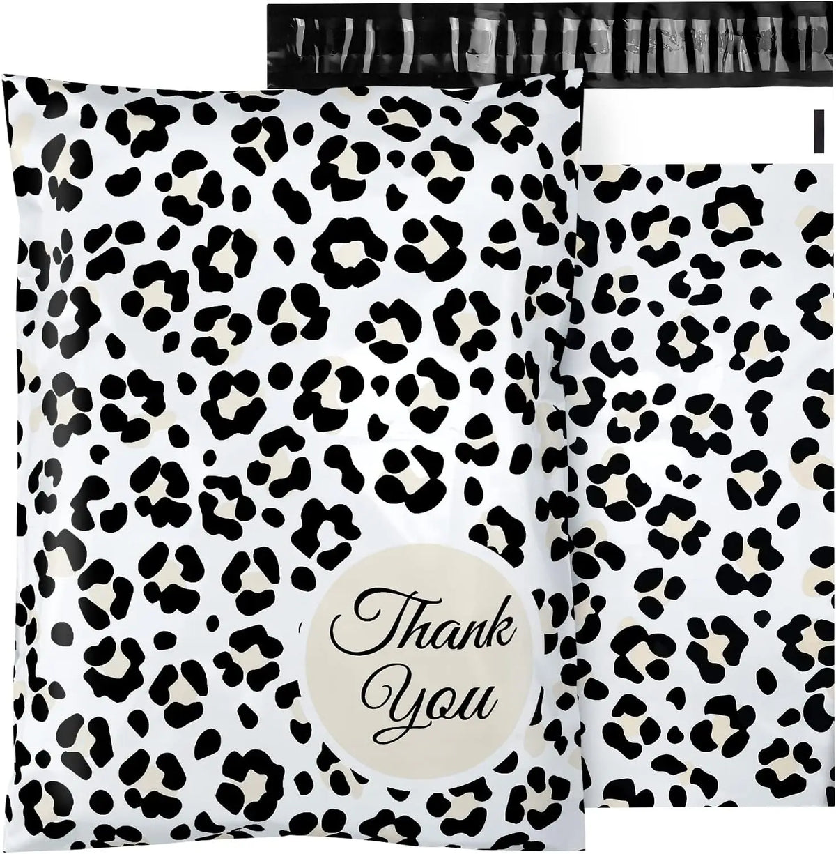A white fabric pouch with a black leopard print design and a thank you label.