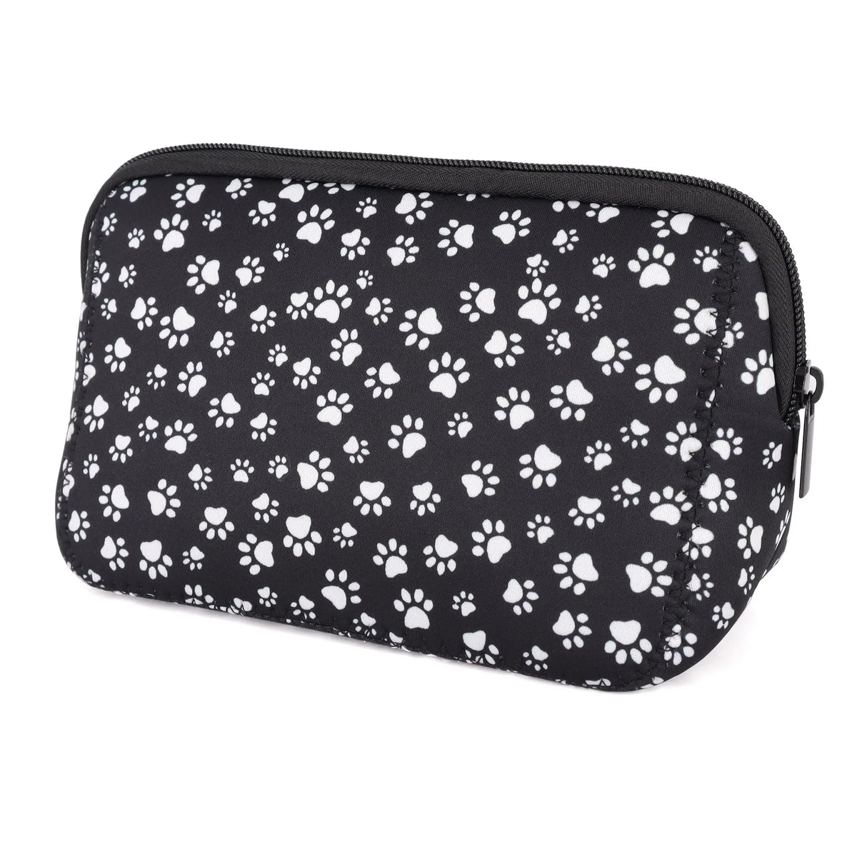 Black and white paw print cosmetic organizer bag.