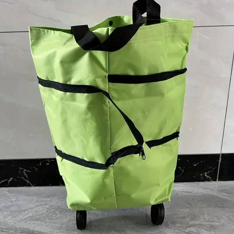 A lime green foldable lightweight shopping cart with black handles and wheels.