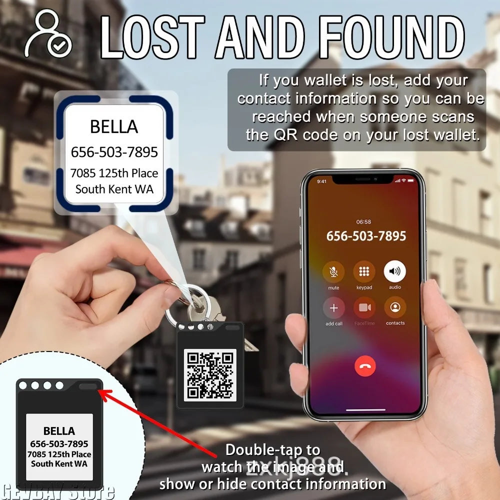 A hand holds a smartphone displaying contact information and a QR code, next to a keychain tag.