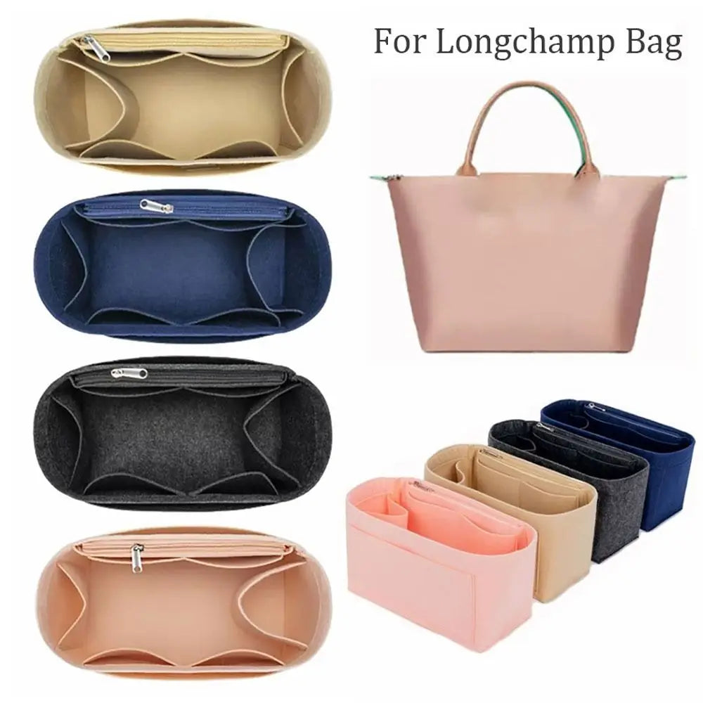 Verschiedene Filz-Organizer und eine rosa Lederhandtasche von Longchamp