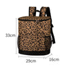 A brown and black leopard print insulated cooler backpack with a mesh pocket and black trim.