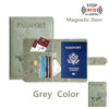 A grey passport holder with a clear window displaying a passport and SIM card.