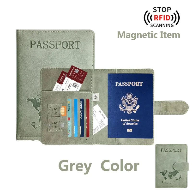 A grey passport holder with a clear window displaying a passport and SIM card.