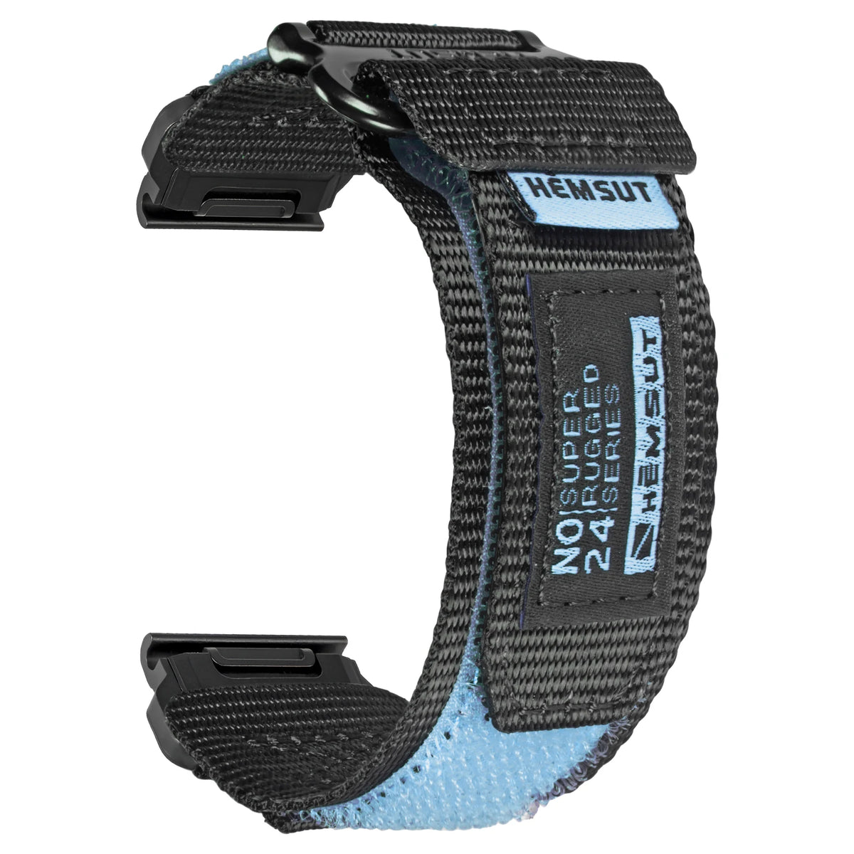 A black nylon sport strap for a watch, featuring the brand HEMSUT and a light blue lining.