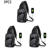Three black men's casual crossbody chest bags shown in various angles with a visible USB charging port.