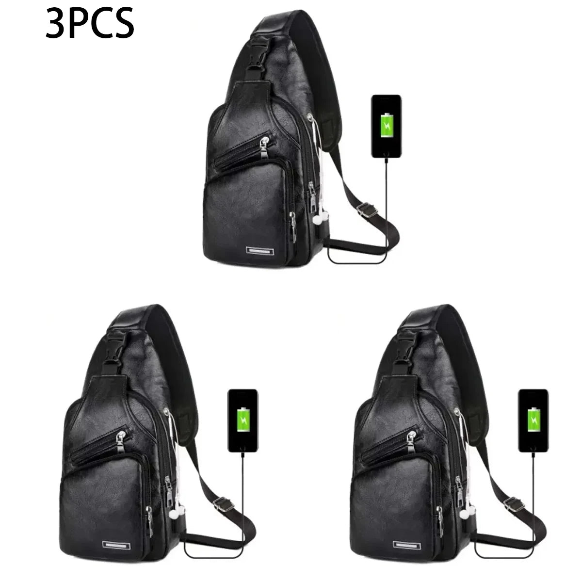 Three black men's casual crossbody chest bags shown in various angles with a visible USB charging port.