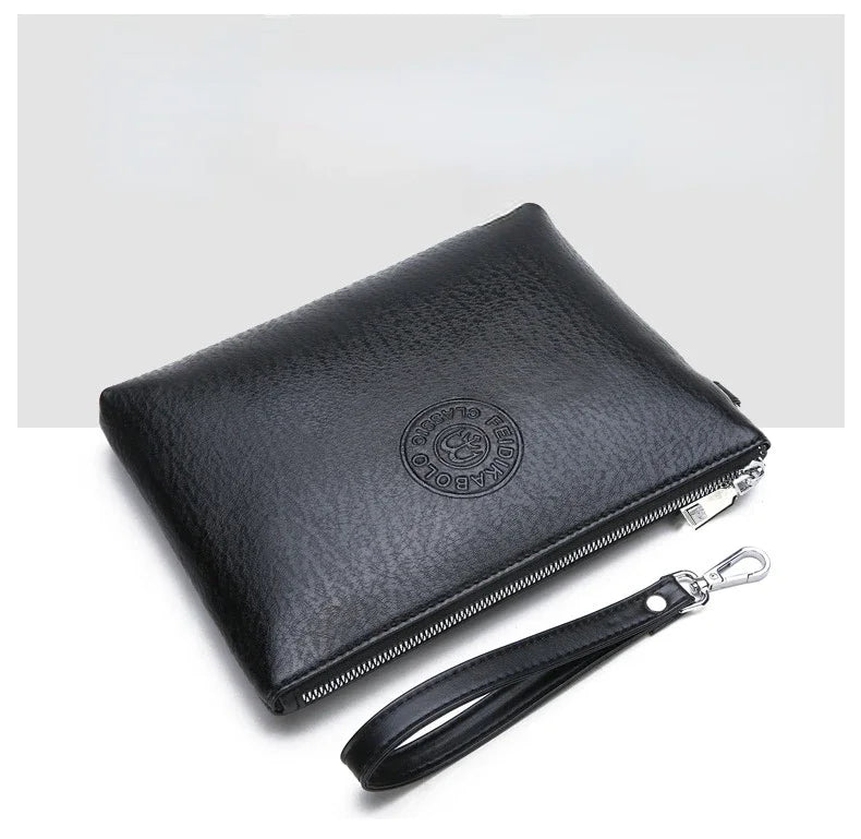 Black elegant PU leather men's clutch wallet with a silver clasp.