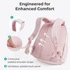 Pink lightweight backpack showing contoured shoulder straps and a ventilated padded back panel