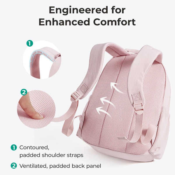 Pink lightweight backpack showing contoured shoulder straps and a ventilated padded back panel