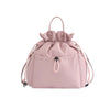 A pink insulated waterproof lunch bag with a drawstring closure and shoulder straps.