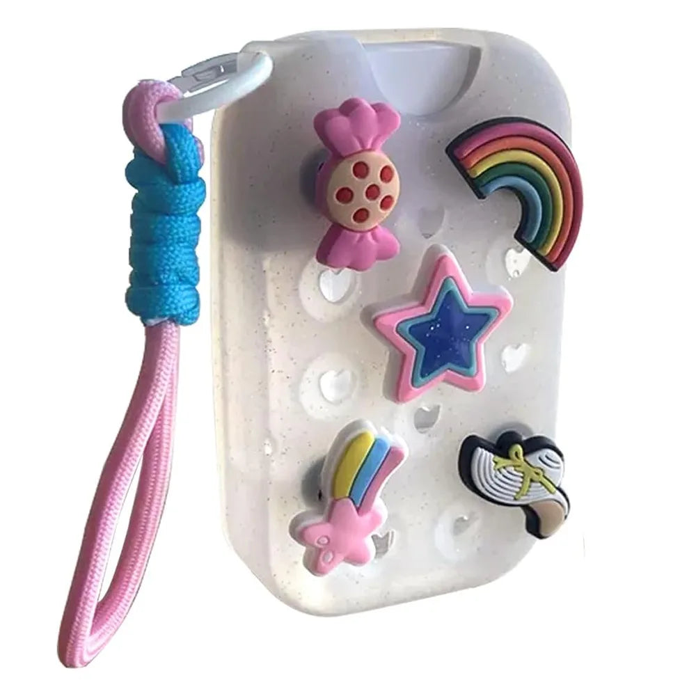 A white EVA protective case for a hand sanitizer spray featuring colorful charms and a pink charm keyring.
