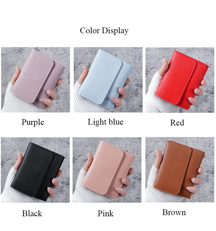 A display of various colored slim multi-functional card wallets including purple, light blue, red, black, pink, and brown.