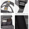 Verschiedene Ansichten einer großen Still- und Muttermilchtasche mit Verschlüssen, Riemen und Taschen.