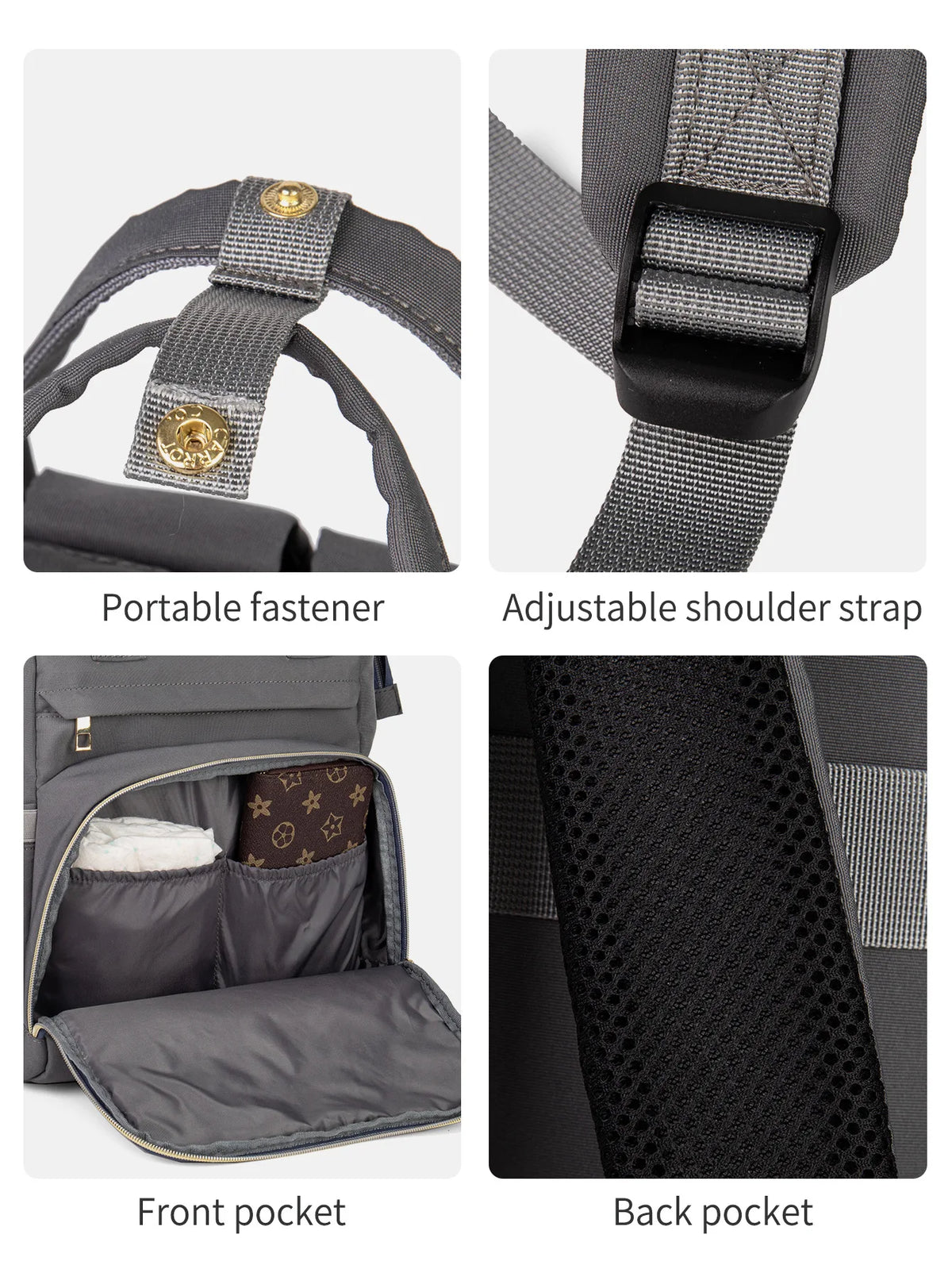 Verschiedene Ansichten einer großen Still- und Muttermilchtasche mit Verschlüssen, Riemen und Taschen.