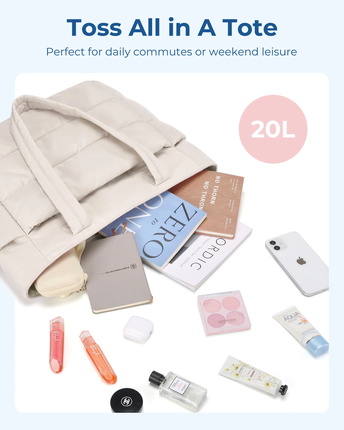 A large beige tote bag is shown with various small cosmetic and personal items placed around it.