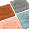 Three leather cardholders in brown, gray, and pink colors featuring a line drawing of a car for registration and insurance do