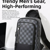 A dark gray multifunctional backpack featuring a checkered geometric pattern and black accents.